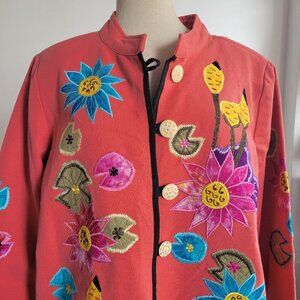 Indigo Moon Coral Art-to-Wear Floral Patchwork Woven Twill Jacket (Size: Med)